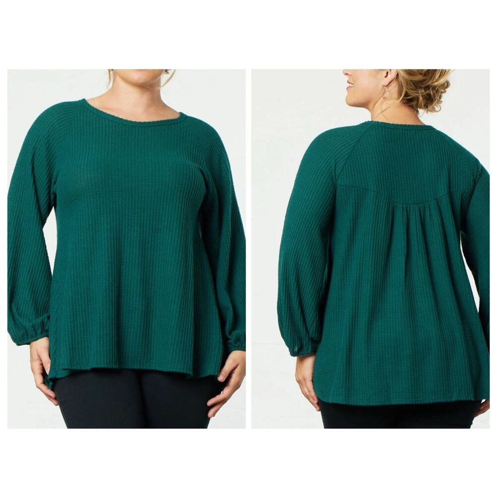 Kiyonna 2X Tunic Top Whimsical Waffle Knit Longsleeve Soft Forest Green